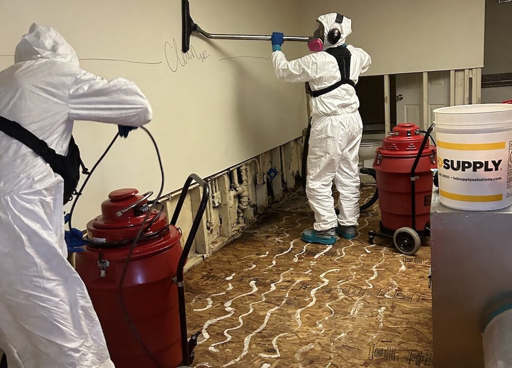 Mold-remediation workers removing affected wall material in protective equipment